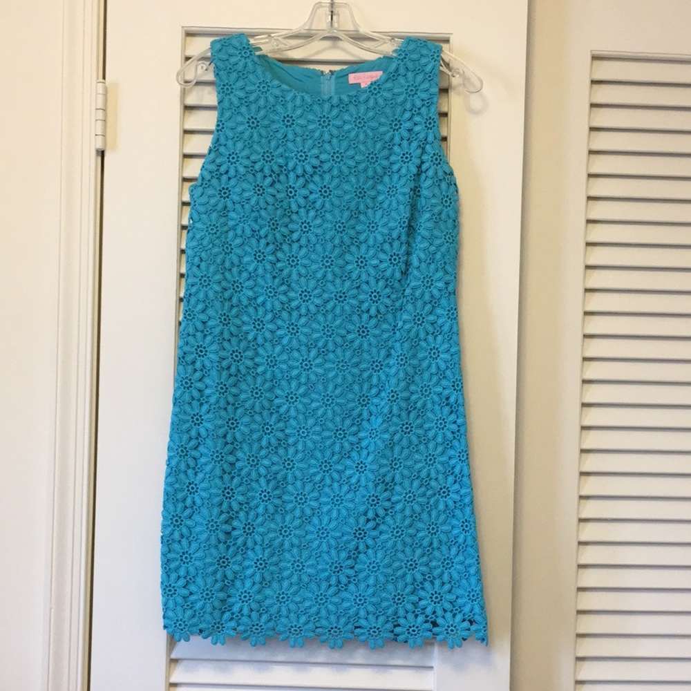 Lilly Pulitzer Aqua Flower Crocheted Sleeveless Shift Dress Size 4